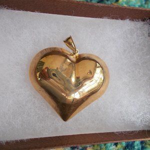 Beautiful Hollow Gold Puffed Heart Pendant with Bail Stamped 14K Hana